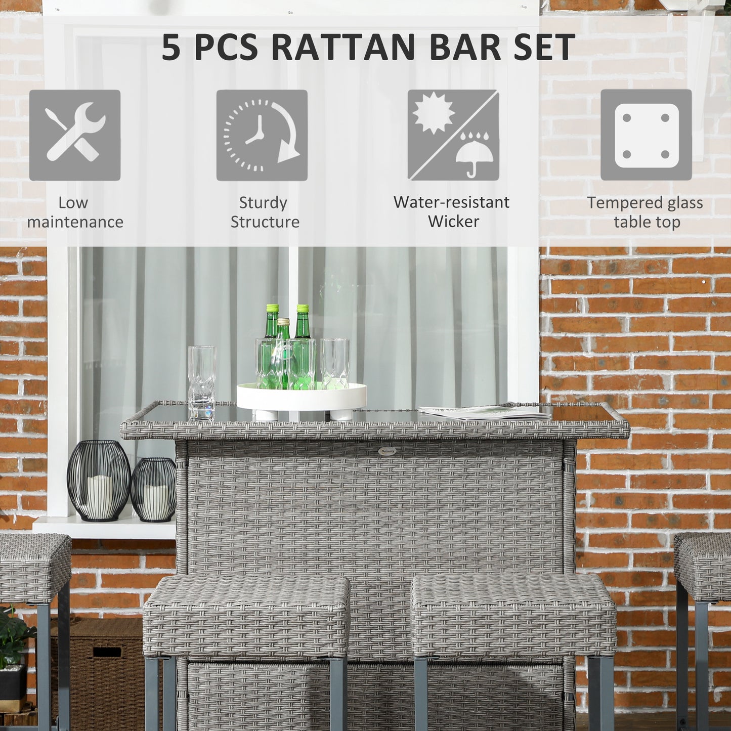 Ensemble de bar de terrasse 5 pièces, table et chaises hautes en rotin synthétique, avec plateau en verre trempé, gris