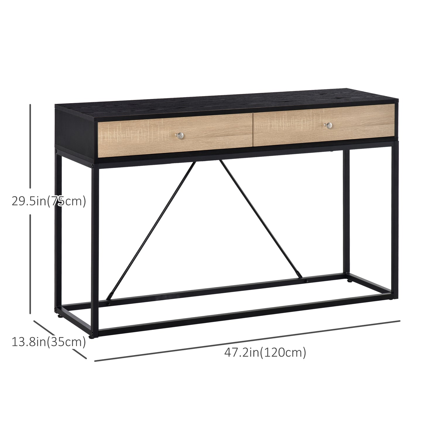 Console d'entrée avec 2 tiroirs, table basse avec cadre en acier pour entrée et salon, noire
