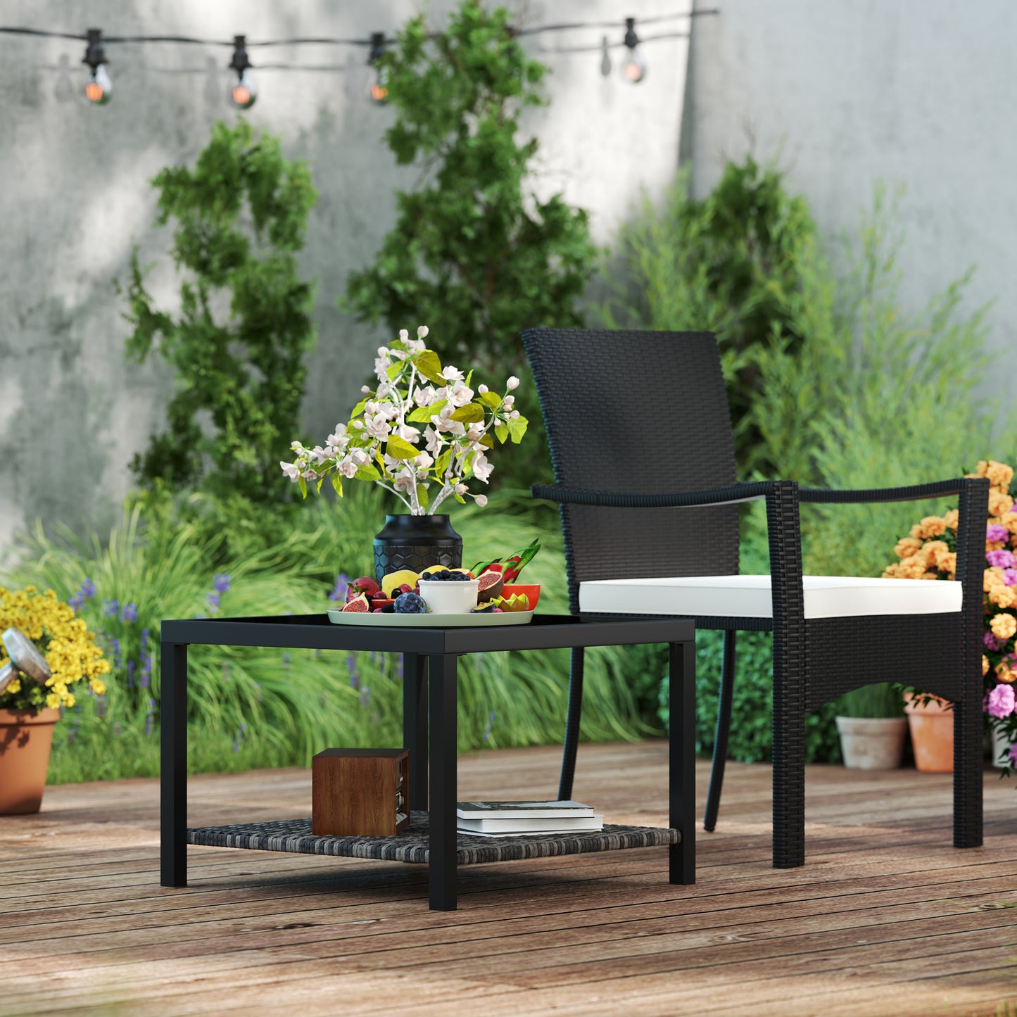 Table basse d'extérieur avec plateau en verre trempé et étagère de rangement pour terrasse, jardin et balcon, noire