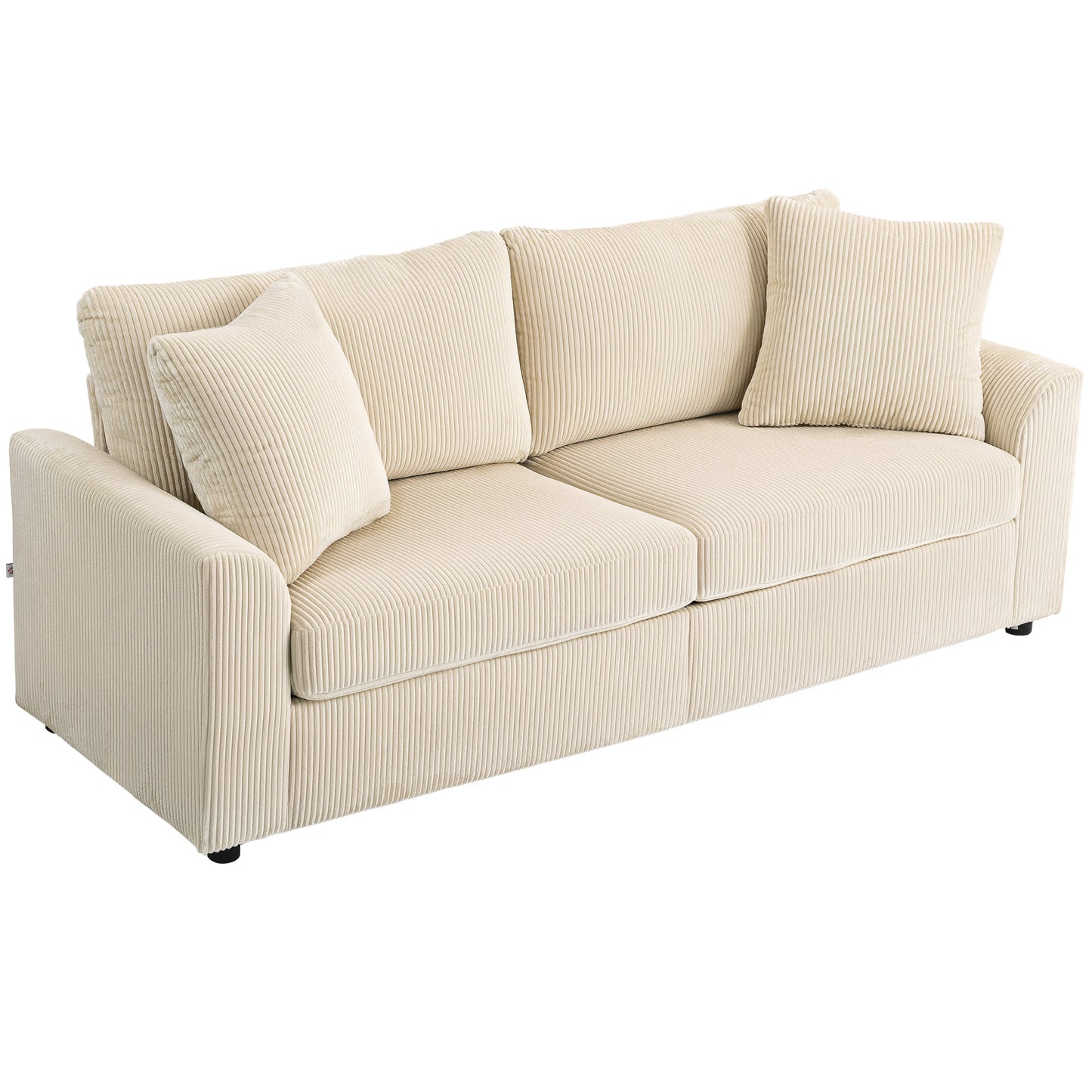 Canapé 3 places moderne avec ressorts ensachés et 2 coussins décoratifs, blanc crème