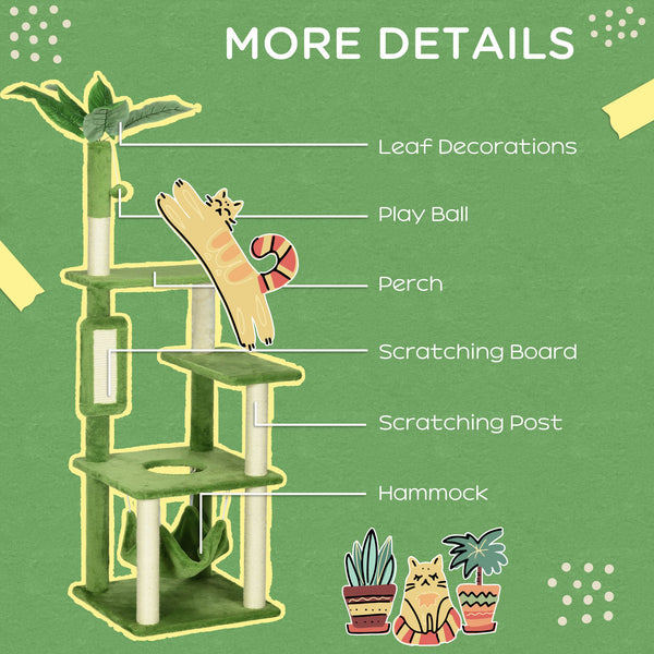 56" Cat Tree with Hammock, Scratching Post, Platforms, Play Ball, Green