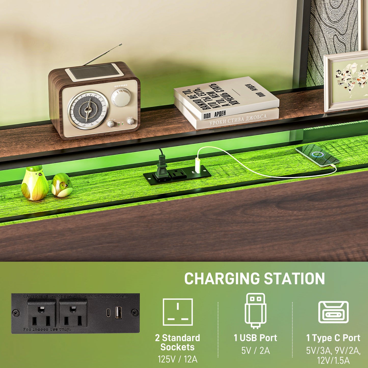Cadre de lit Queen Size avec éclairage LED et station de charge, noyer