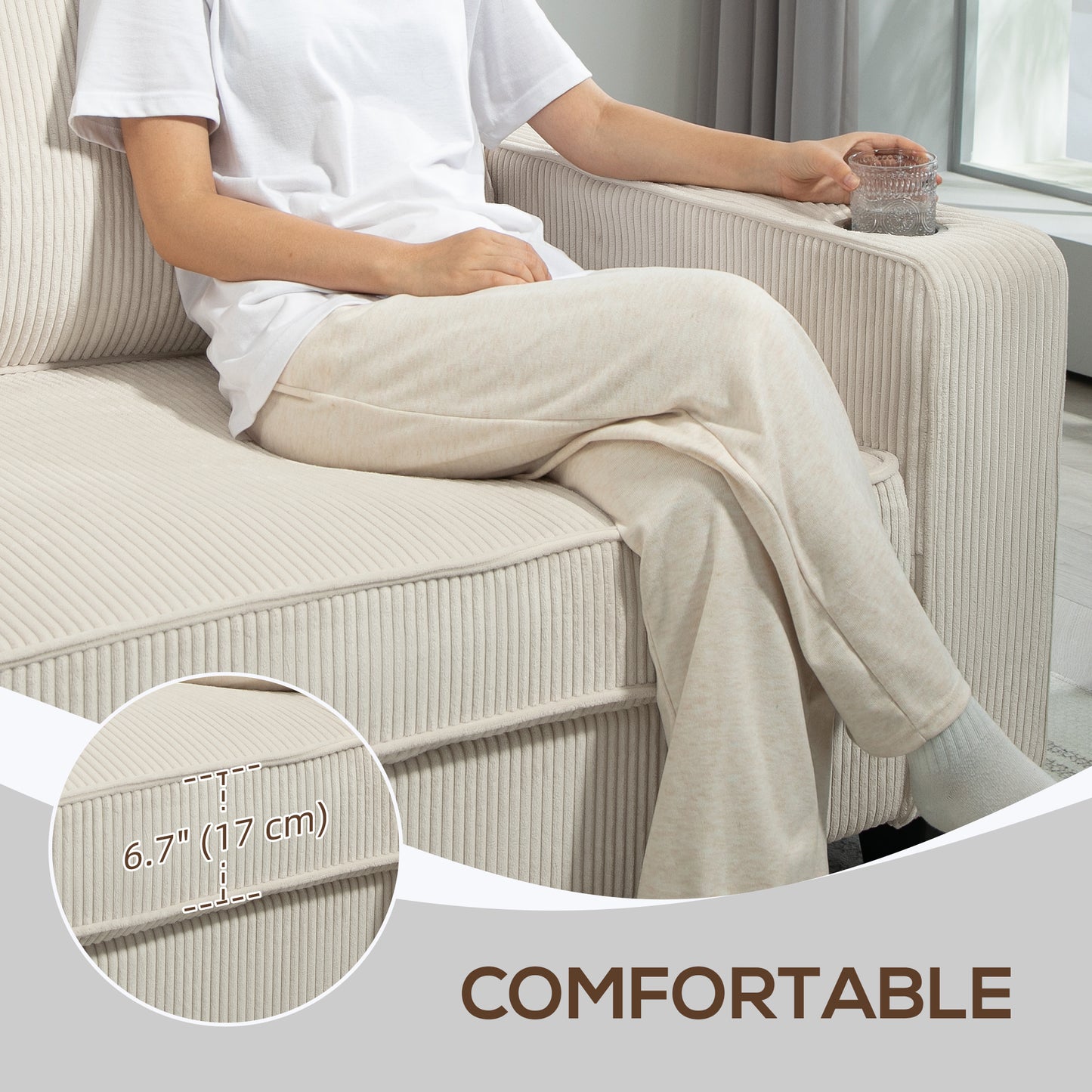 Canapé 3 places en tissu avec coussin à ressorts et porte-gobelets pour salon, chambre, blanc crème