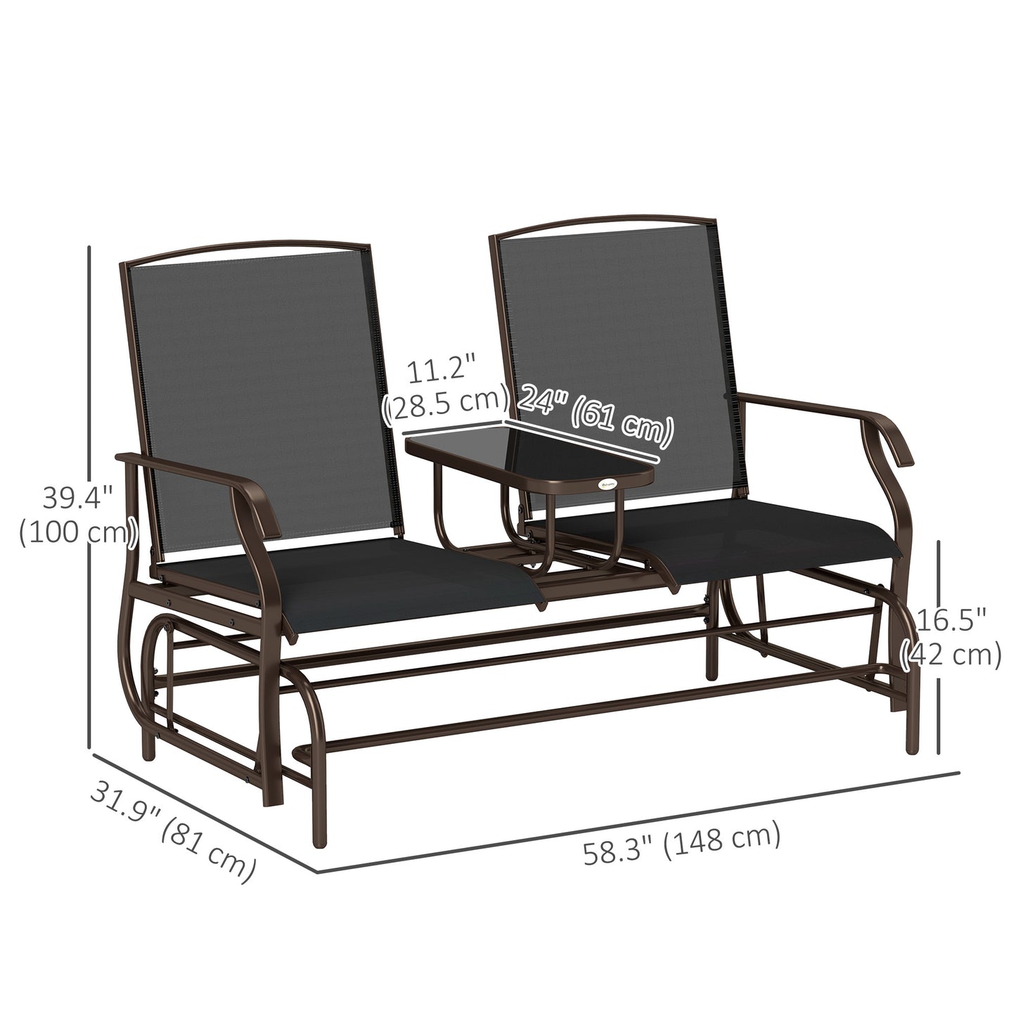 Outsunny Patio Rocking Chair, 2 Person Outdoor Loveseat, Garden Bench, Black