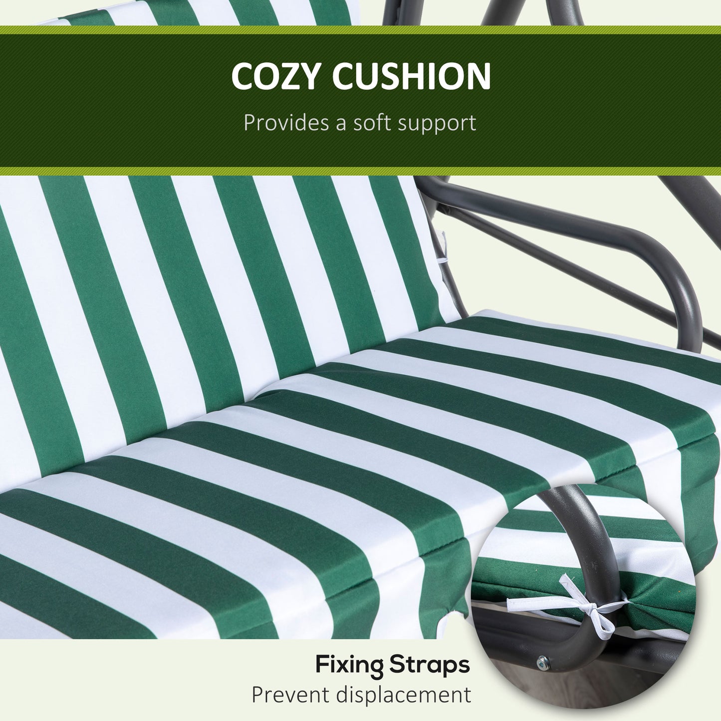 Outsunny 3 Seater Patio Swing, Outdoor Swing Chair with Adjustable Canopy, Removable Cushion and Weatherproof Steel Frame, for Garden, Poolside, Green and White