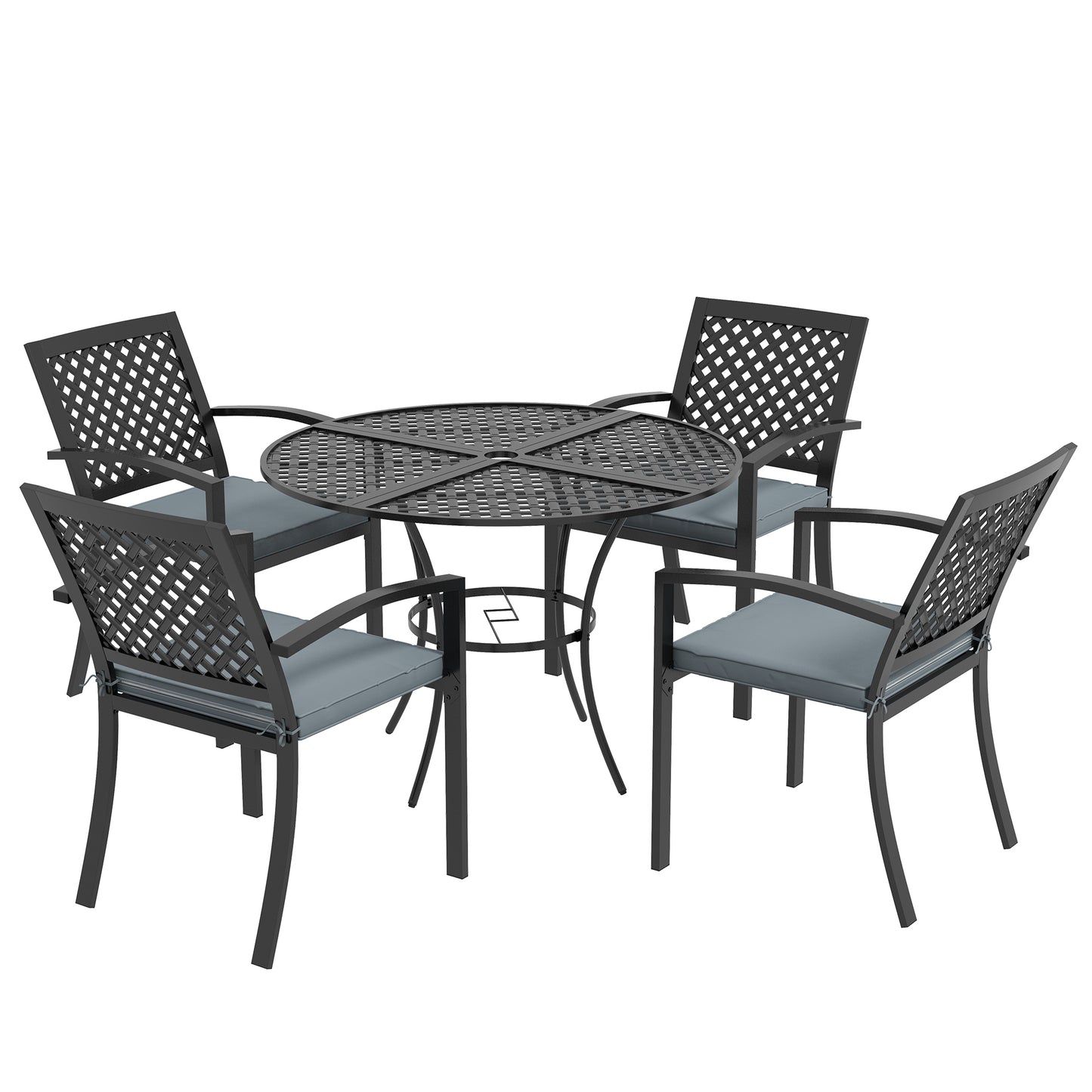 Outsunny 5-Piece Outdoor Dining Set with 4 Padded Stacking Armchairs, Patio Furniture Set with Umbrella Hole, Metal Table, for Garden, Patio, Poolside, Lawn, Backyard, Grey