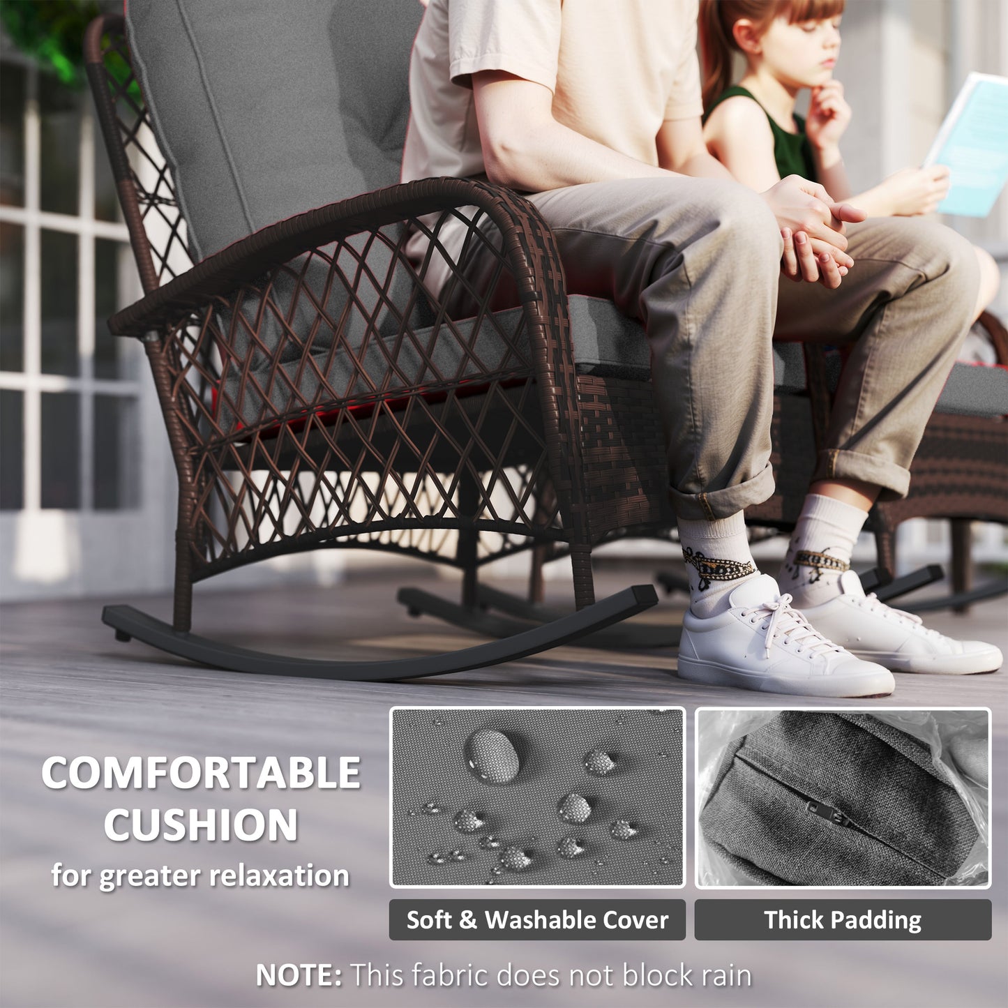 Outsunny Outdoor Wicker Rattan Rocking Chair Set of 2, Patio Rocker with Thick Cushions for Garden Backyard Porch, Gray |