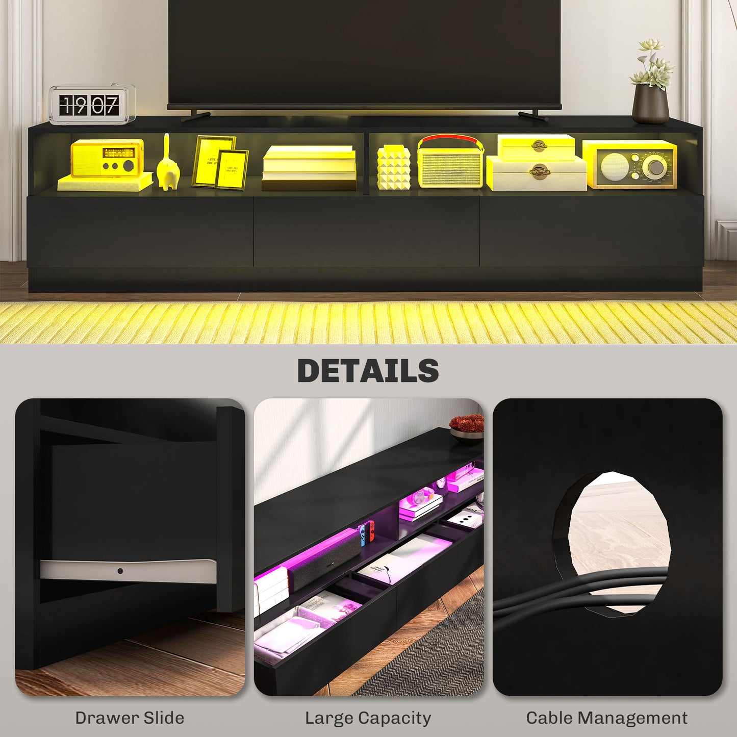 HOMCOM TV Stand with LED Lighting for TVs up to 75 inches, Modern TV Cabinet with Storage Drawers for Living Room, Glossy Black