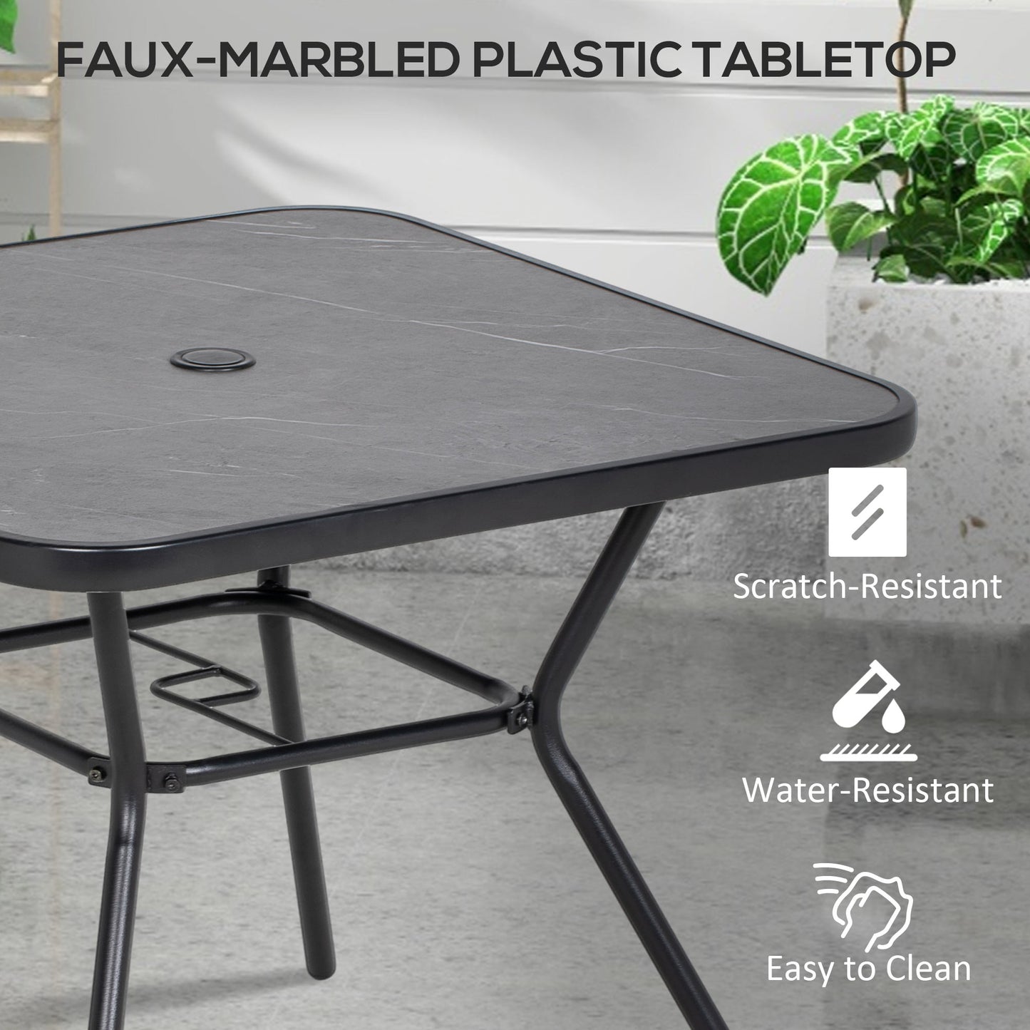 Outsunny Square Outdoor Table, Bistro Coffee Table with Faux Marble Top and 42mm Umbrella Hole, Dark Grey