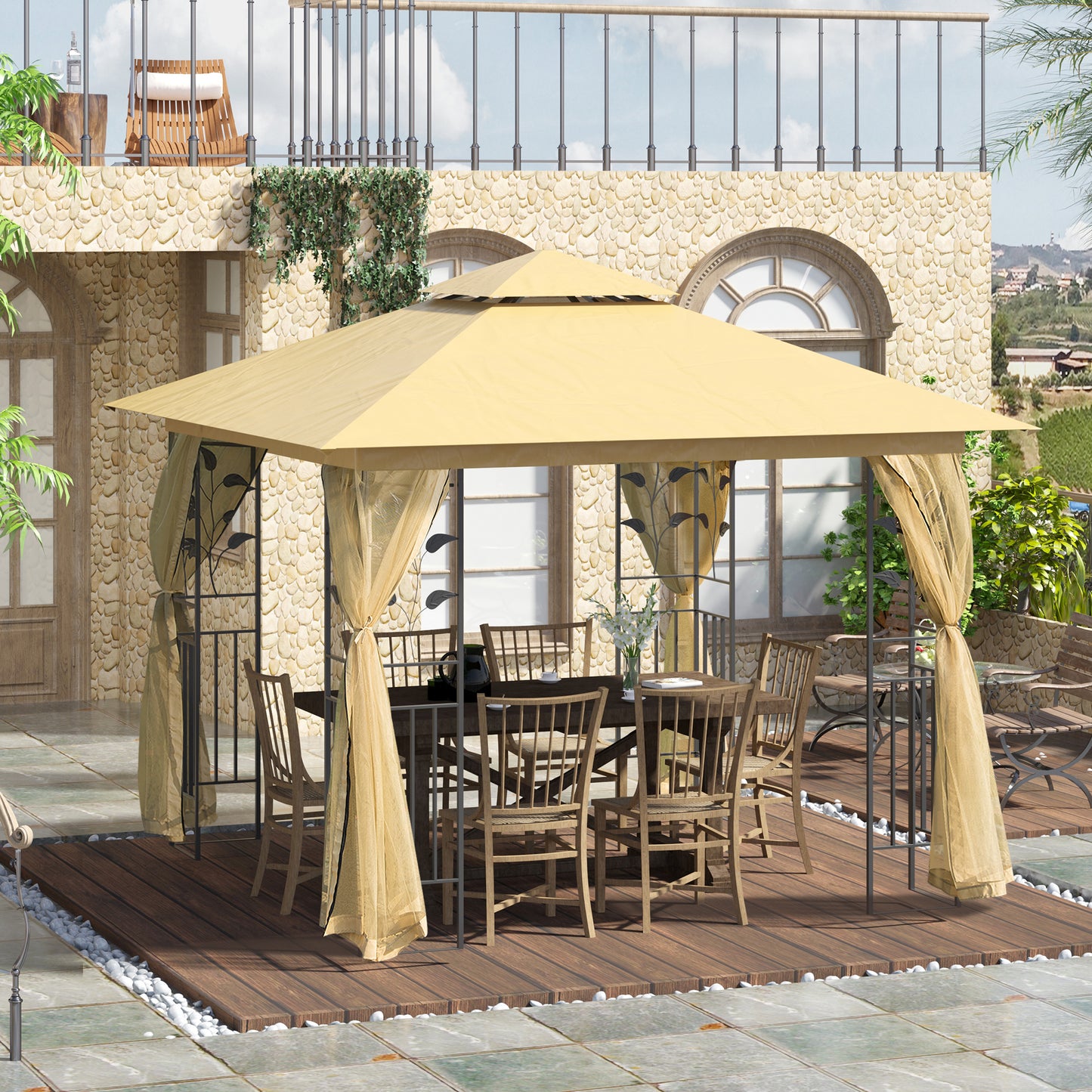 10'x10' Soft Steel Gazebo with Two-Tier Polyester Roof and Curtain Sidewalls, Beige