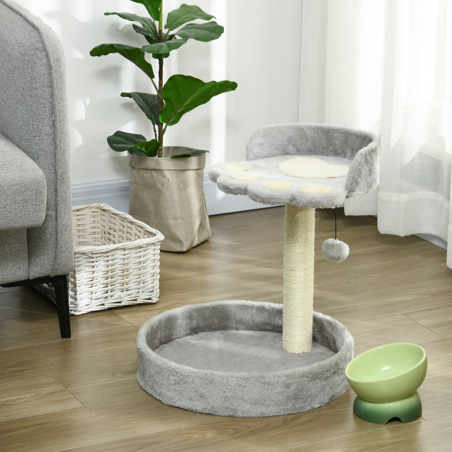 Small Cat Tree with Sisal Scratching Post, Hanging Ball, Bed, Kitten Activity Center, Light Grey