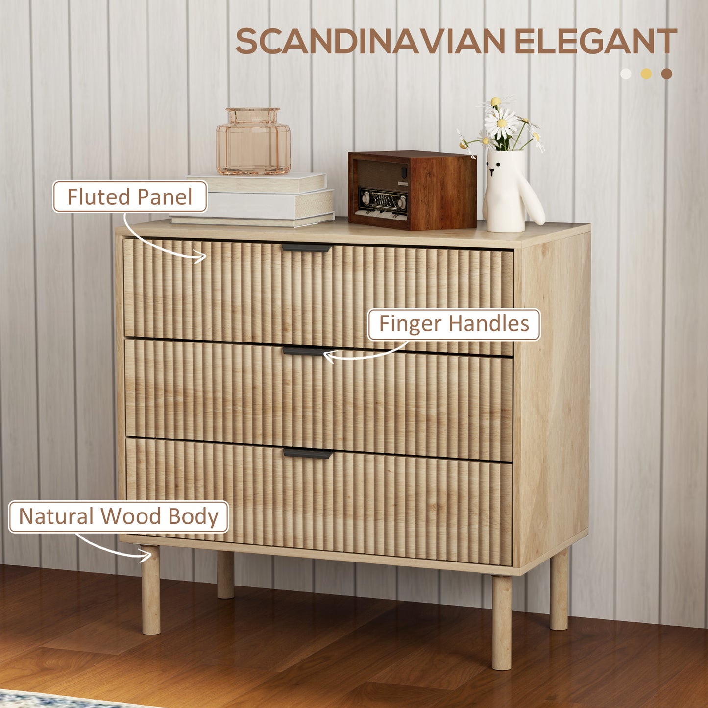 3-drawer bedroom chest of drawers with fluted panels and solid wood legs, oak