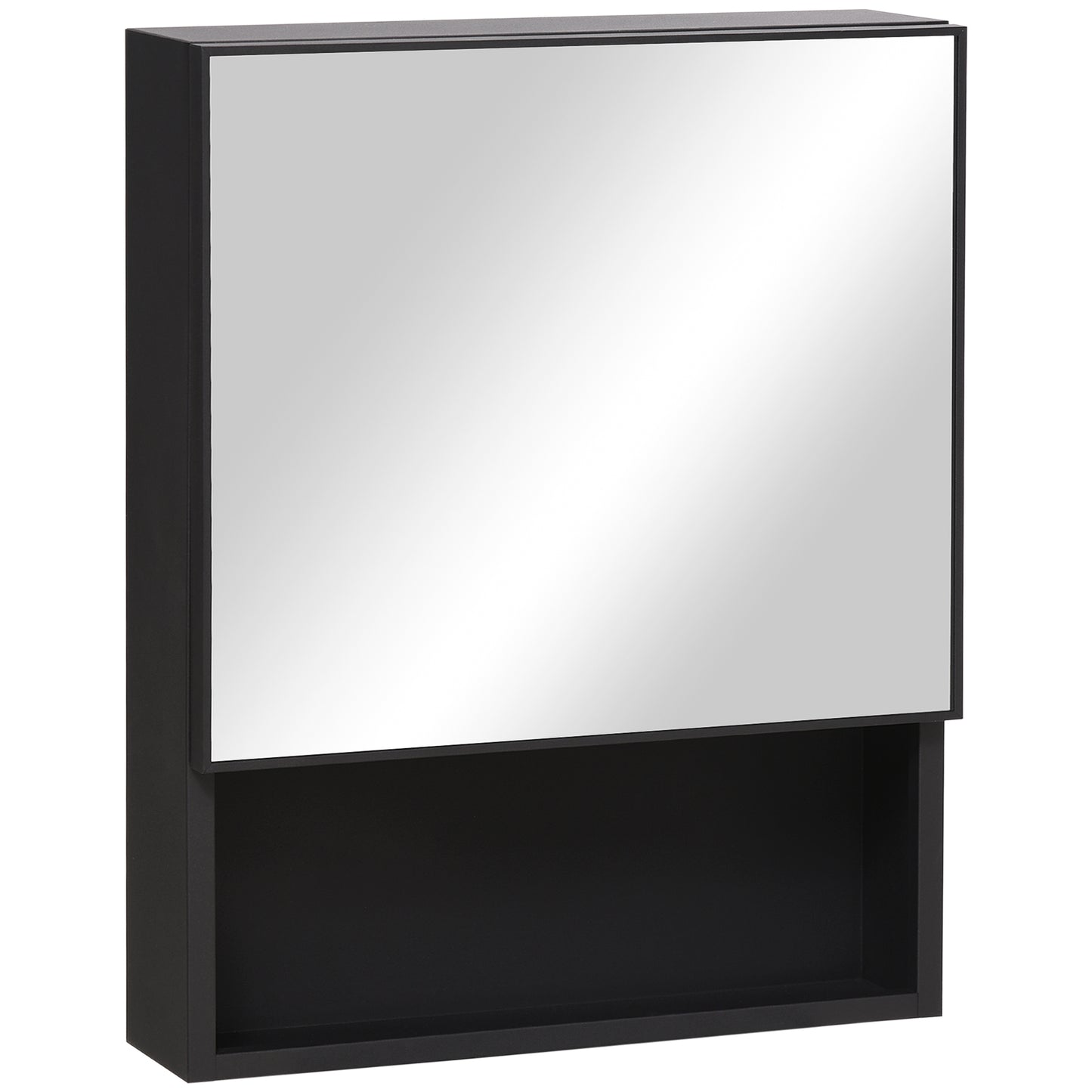 Armoire à miroir murale avec porte simple, étagères de rangement et cadre en acier inoxydable, noire