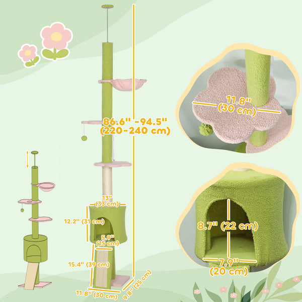 Arbre à chat de 221 à 241 cm, du sol au plafond, avec griffoir, condo et hamac, vert