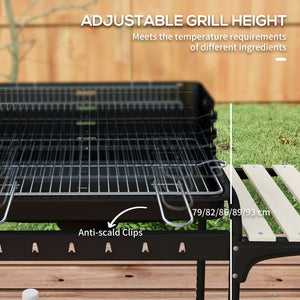 Height-adjustable charcoal barbecue with ash catcher and wheels, black