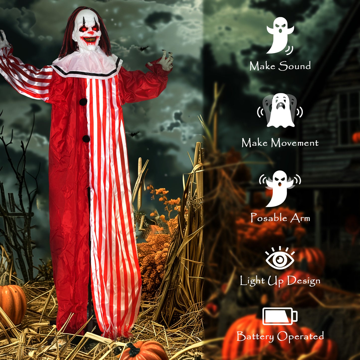 Clown animé grandeur nature pour Halloween, yeux rouges lumineux, activées par le son, fonctionne sur piles