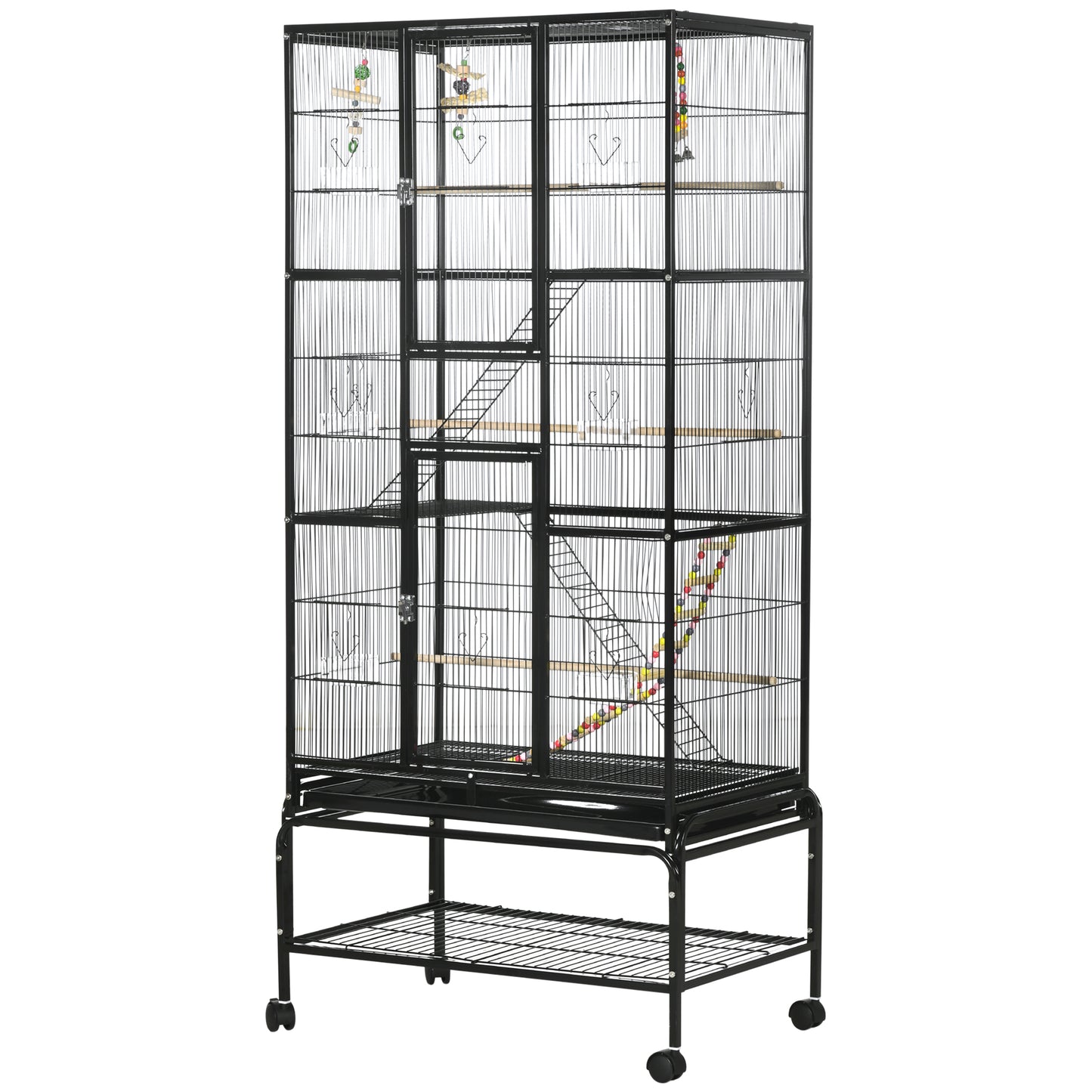 Cage à oiseaux avec roulettes, perchoirs, rampe, étagère de rangement, jouets pour canaris, pinsons, calopsittes et perruches, noire