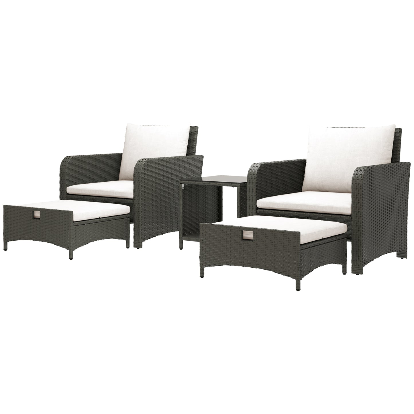 Outsunny 5 Piece Rattan Balcony Furniture Set, Wicker Outdoor Furniture with Two-Tier Coffee Table and Ottomans, Grey and Cream White