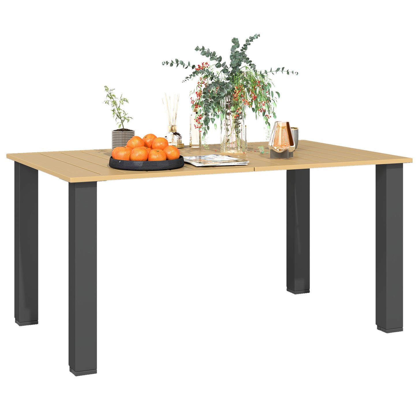 Outsunny 59" Outdoor Patio Table with Umbrella Hole, Outdoor Dining Table with Slatted Top for Garden, Brown