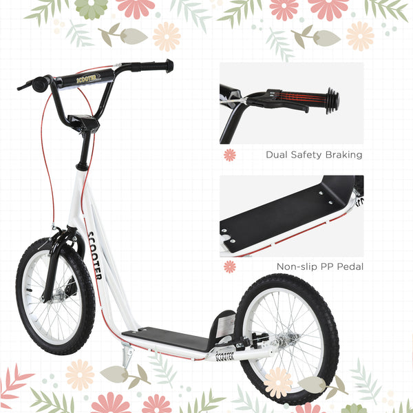 Trottinette avec roues gonflables de 16 pouces et doubles freins, blanche