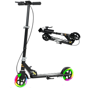 Trottinette avec roues lumineuses, guidon réglable, frein arrière et frein à main, noire