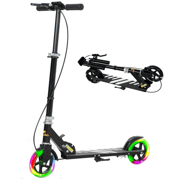 Trottinette avec roues lumineuses, guidon réglable, frein arrière et frein à main, noire