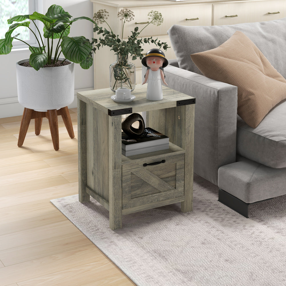 Table d'appoint style farmhouse avec rangement, gris