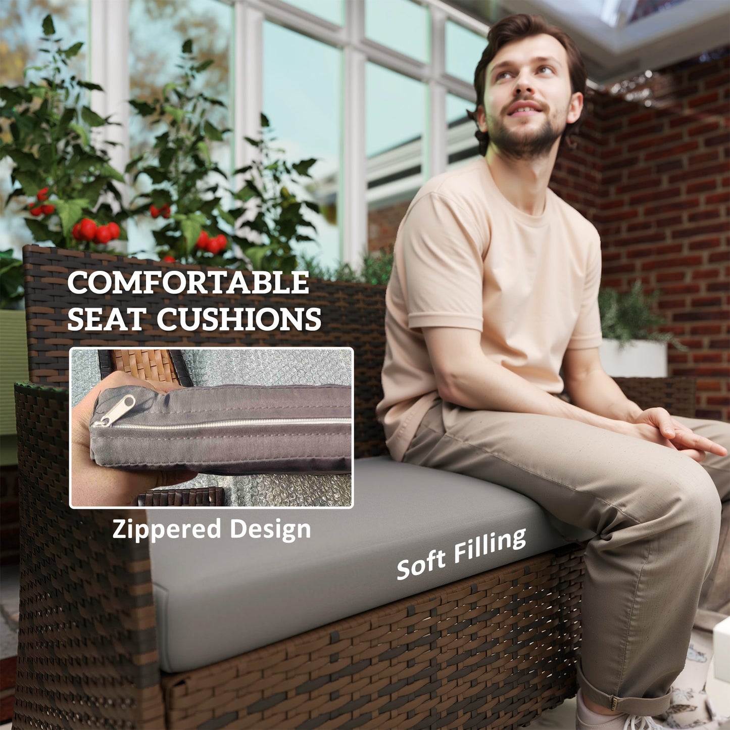 Outsunny 4 Piece Patio Rattan Balcony Wicker Garden Furniture Set with Loveseat, Chairs and Glass Coffee Table Grey