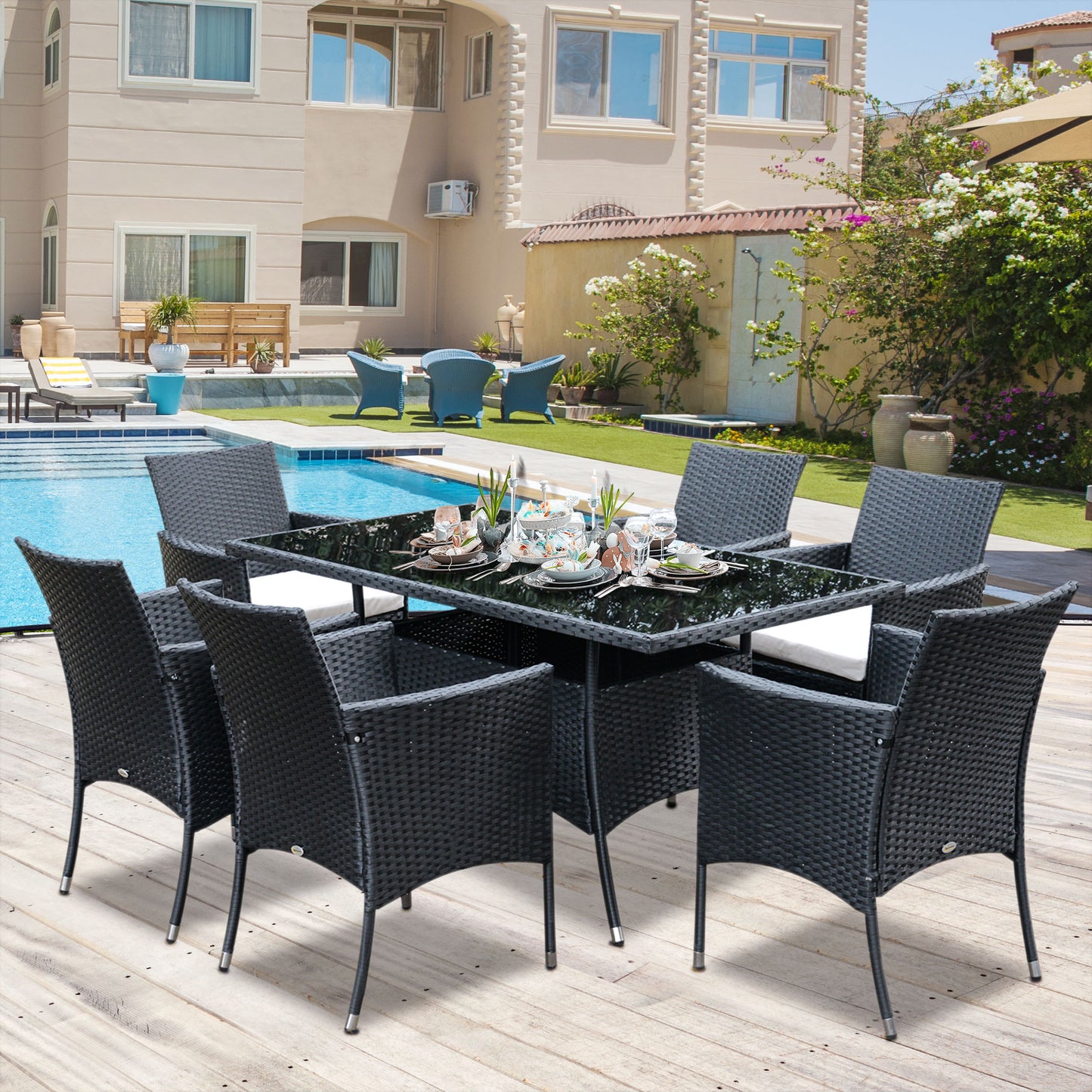 Outsunny 7 Piece Garden Dining Set with Padded Cushions, UV Resistant, for Porch, Garden and Patio, Grey