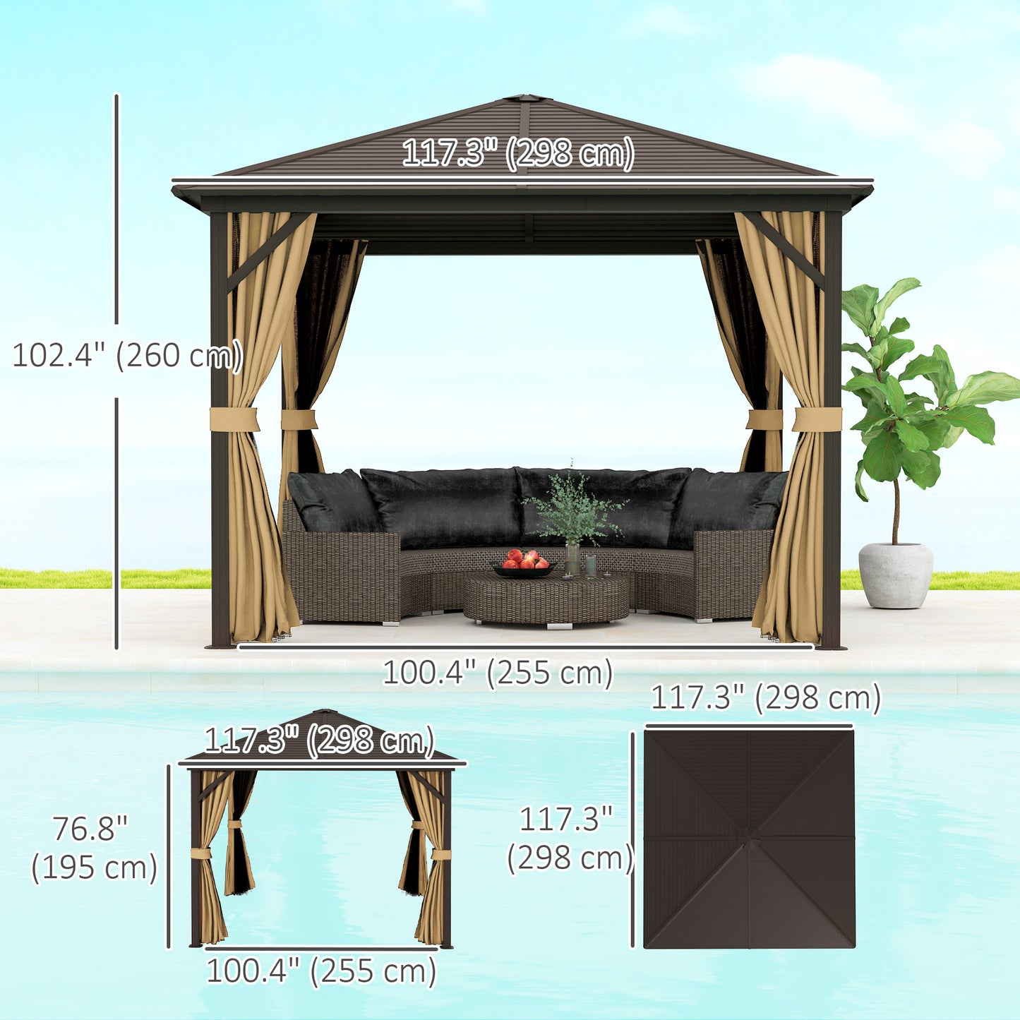 Gazebo 10' x 10' à toit rigide en aluminium avec moustiquaire, rideaux et crochet de suspension, marron