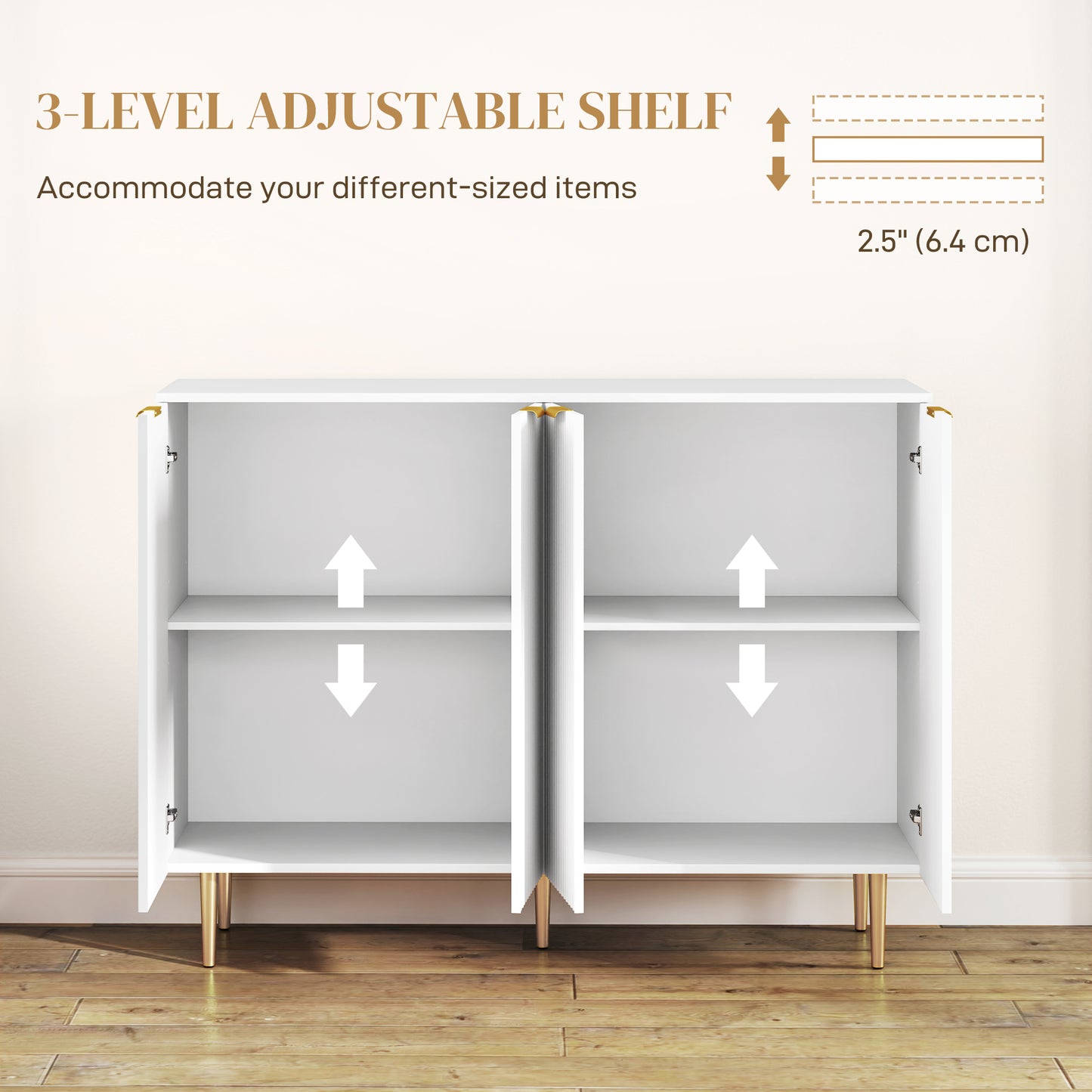 Meuble de rangement de cuisine moderne, buffet avec étagères réglables, blanc