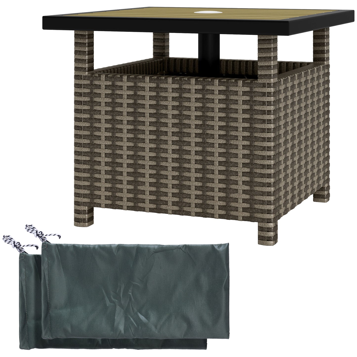 Outsunny 55cm Square Rattan Table with Umbrella Hole, Outdoor Patio Side Table, Can Be Used as an Umbrella Stand, Grey Mix