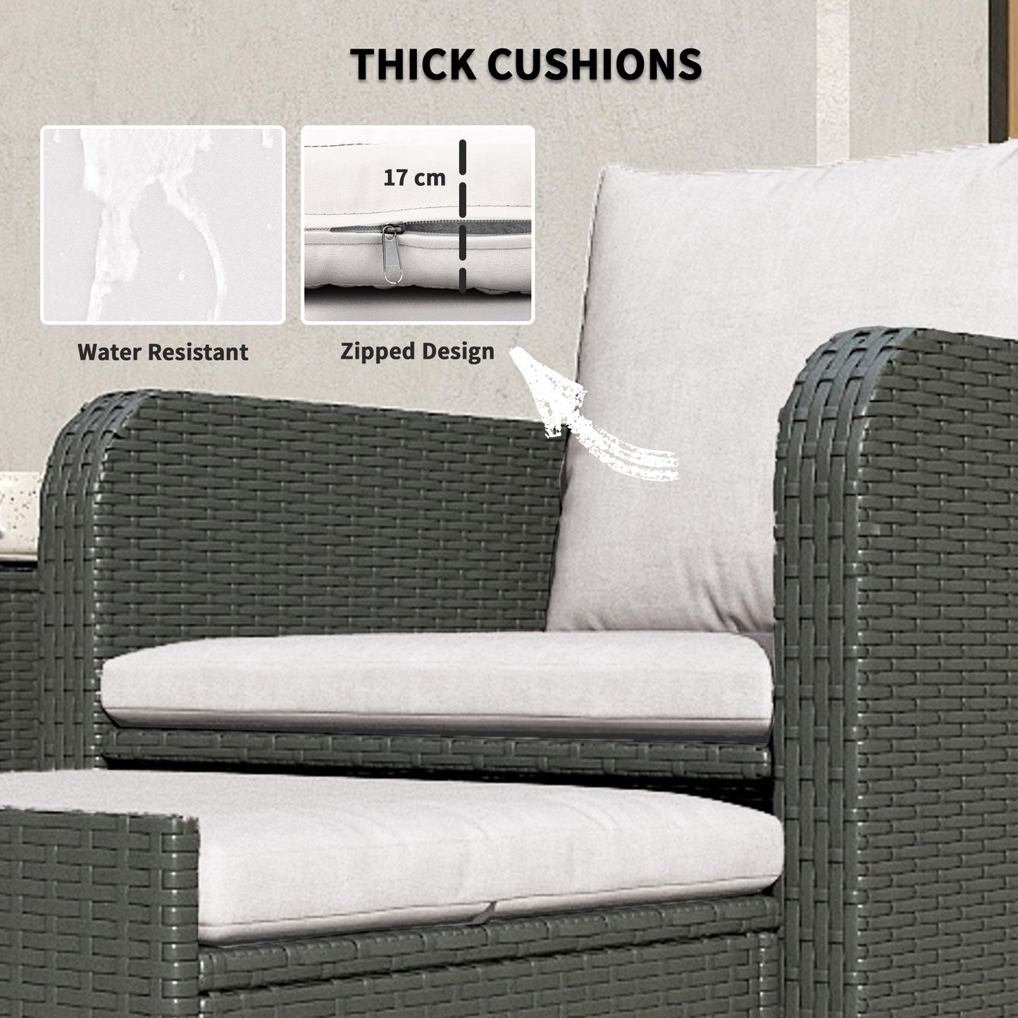Outsunny 5 Piece Rattan Balcony Furniture Set, Wicker Outdoor Furniture with Two-Tier Coffee Table and Ottomans, Grey and Cream White