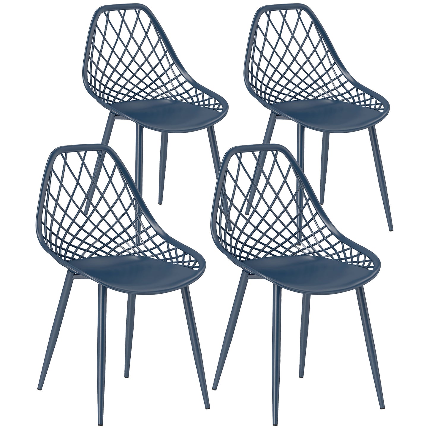 Lot de 4 chaises de salle à manger modernes en plastique avec dossier creux et pieds en métal, bleu