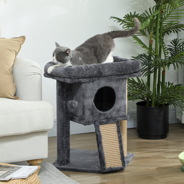 Cat tree with perch, scratching post, niche, cat play ball, dark gray