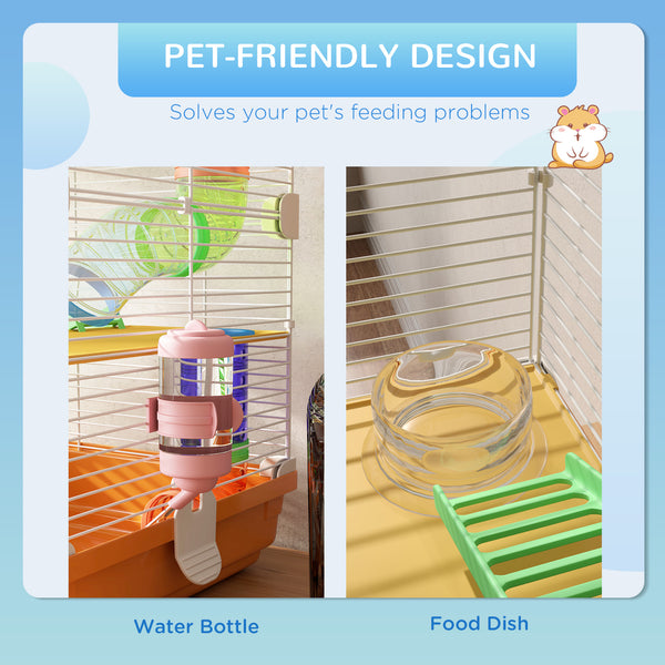 Cage pour hamster portable à 5 niveaux avec roues d'exercice, tube de jeu, bouteille d'eau, gamelle, échelle pour gerbilles, orange