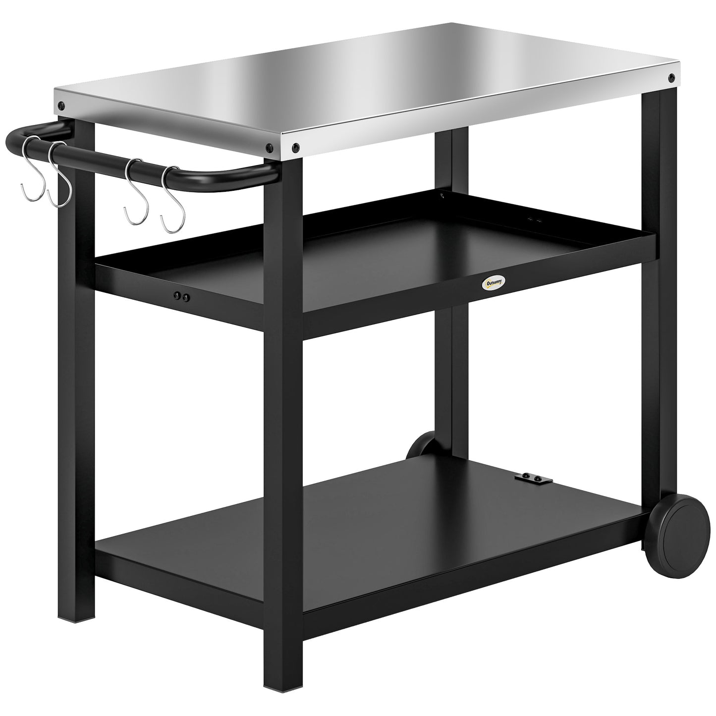 Outsunny 3-Shelf Outdoor Kitchen Cart, Pizza Oven, Stainless Steel Top, Mobile BBQ Food Prep Table, Outdoor Kitchen Island with Hooks, Casters and Handle, Charcoal Grey