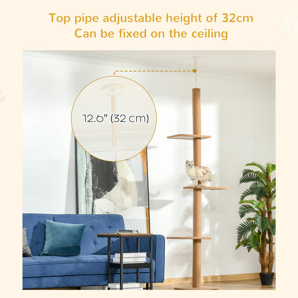 254cm Floor-to-Ceiling Cat Tree with 3 Perches, Light Brown