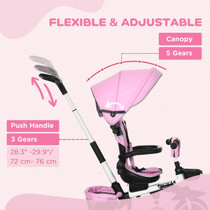 Tricycle 6 en 1 pliable avec siège réglable et poignée de poussée, rose