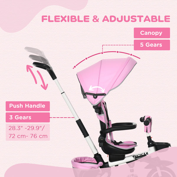 Tricycle 6 en 1 pliable avec siège réglable et poignée de poussée, rose