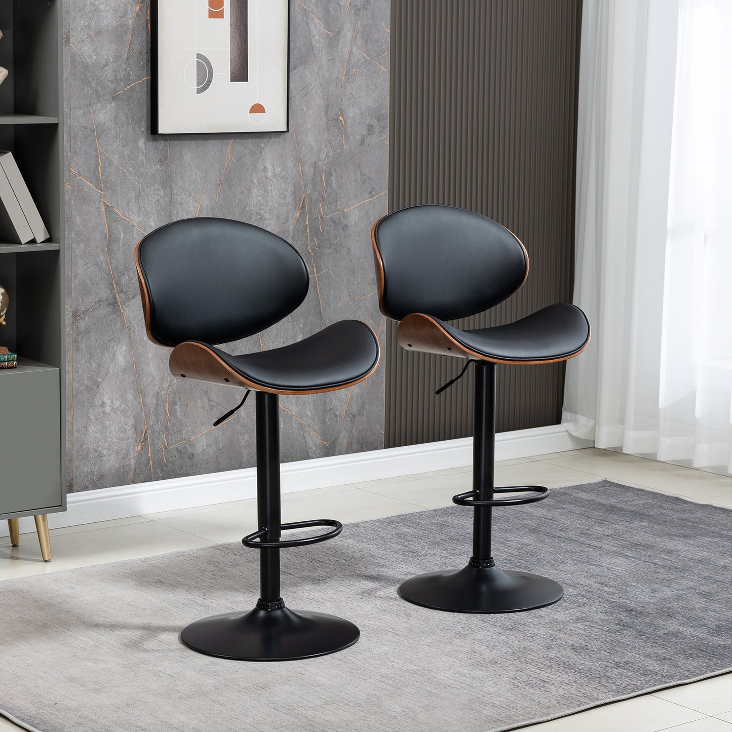 Set of 2 Modern PU Leather Adjustable Swivel Bar Stools with Curved Backrest, Steel Footrest and Base, Black