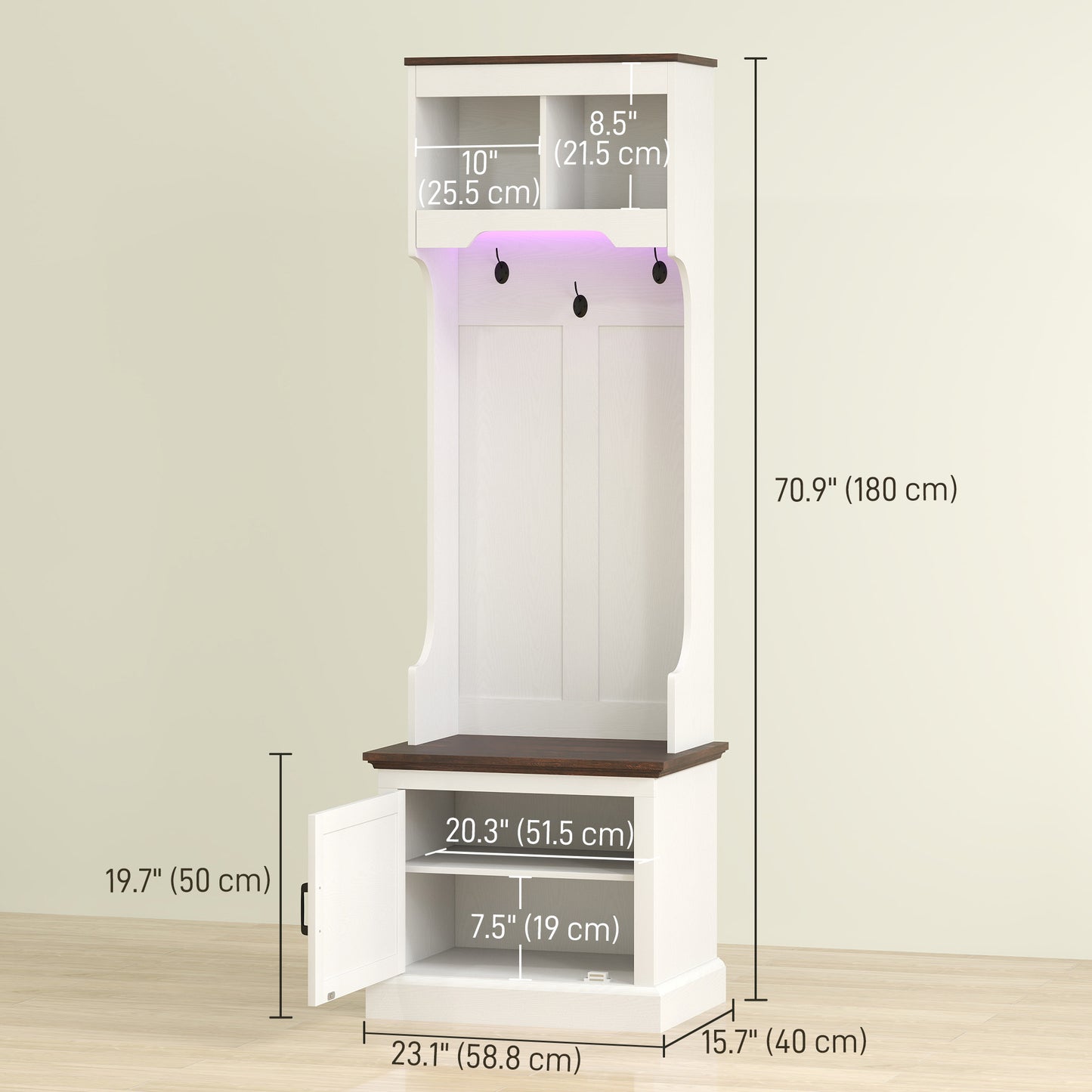 Meuble d'entrée 3 en 1 avec éclairage LED et banc, porte-manteau et rangement pour chaussures, grain de bois blanc