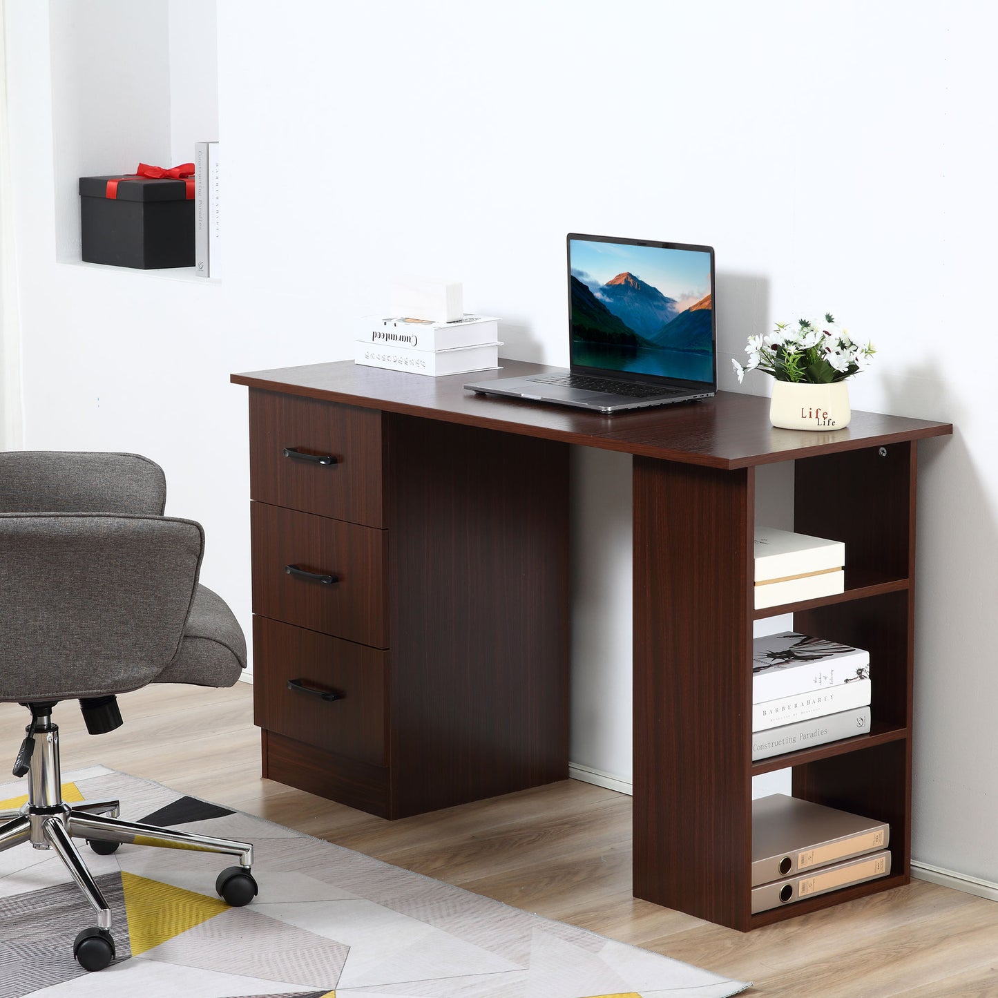 HOMCOM Computer Desk with 3-Tier Storage Shelves, 47-inch Home Office Desk with Drawers, Study and Writing Table, Walnut Color
