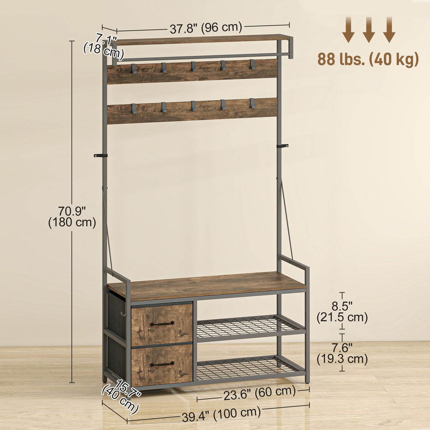 Meuble d'entrée 6 en 1 avec banc et rangement à chaussures, marron rustique