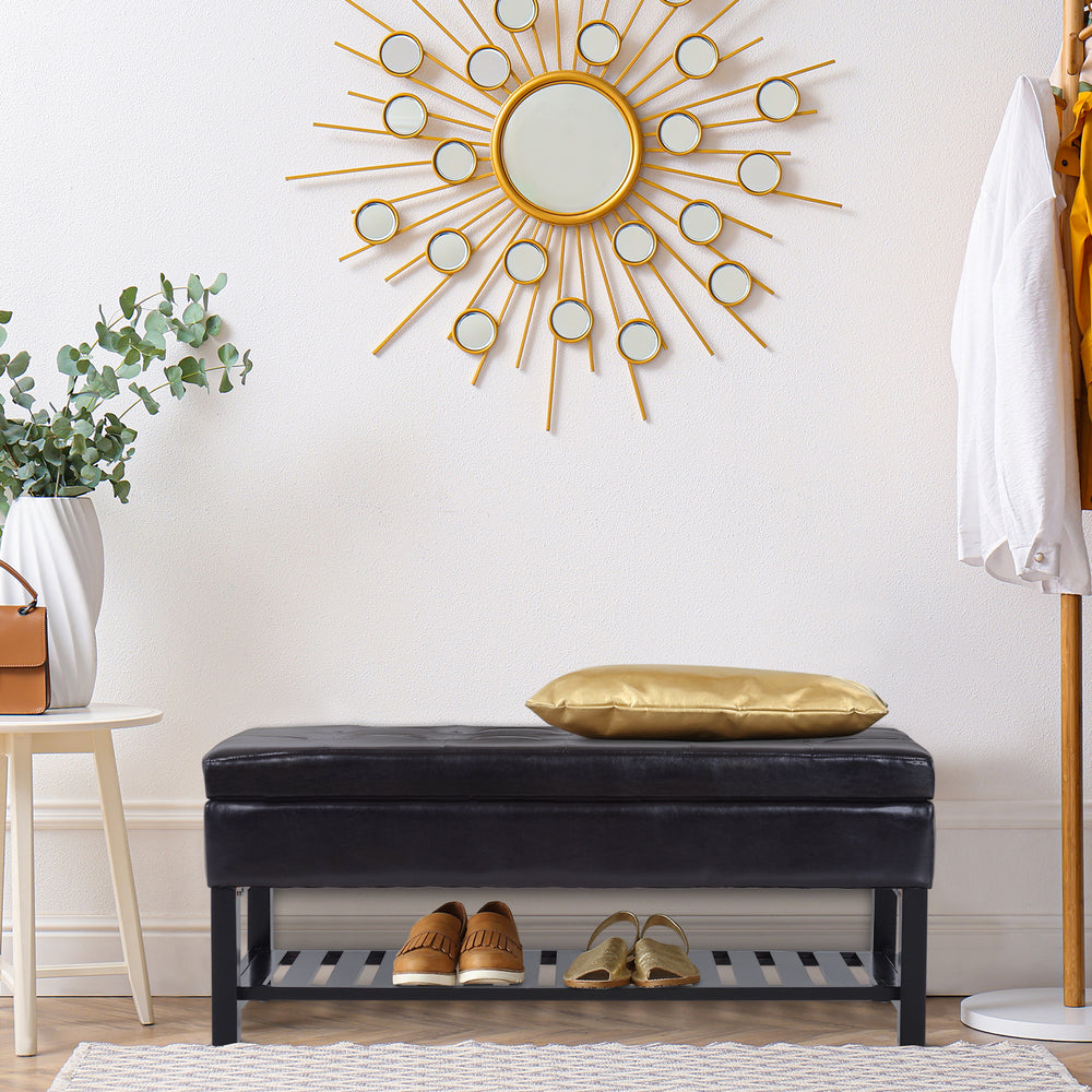 Banc à chaussures capitonné en cuir synthétique avec coffre de rangement, marron