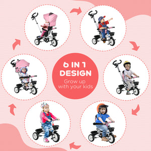 Tricycle 6 en 1 avec poignée parentale, auvent, paniers de rangement et porte-gobelet, rose