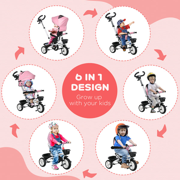 Tricycle 6 en 1 avec poignée parentale, auvent, paniers de rangement et porte-gobelet, rose