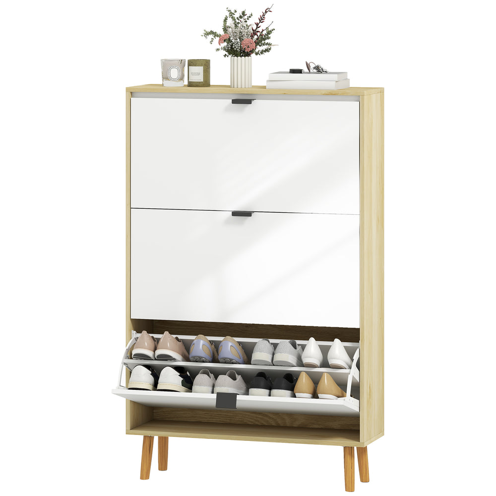 Meuble à chaussures étroit, finition brillante, avec 3 tiroirs rabattables et étagères réglables, pour 24 paires, blanc