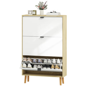 Meuble à chaussures étroit, finition brillante, avec 3 tiroirs rabattables et étagères réglables, pour 24 paires, blanc