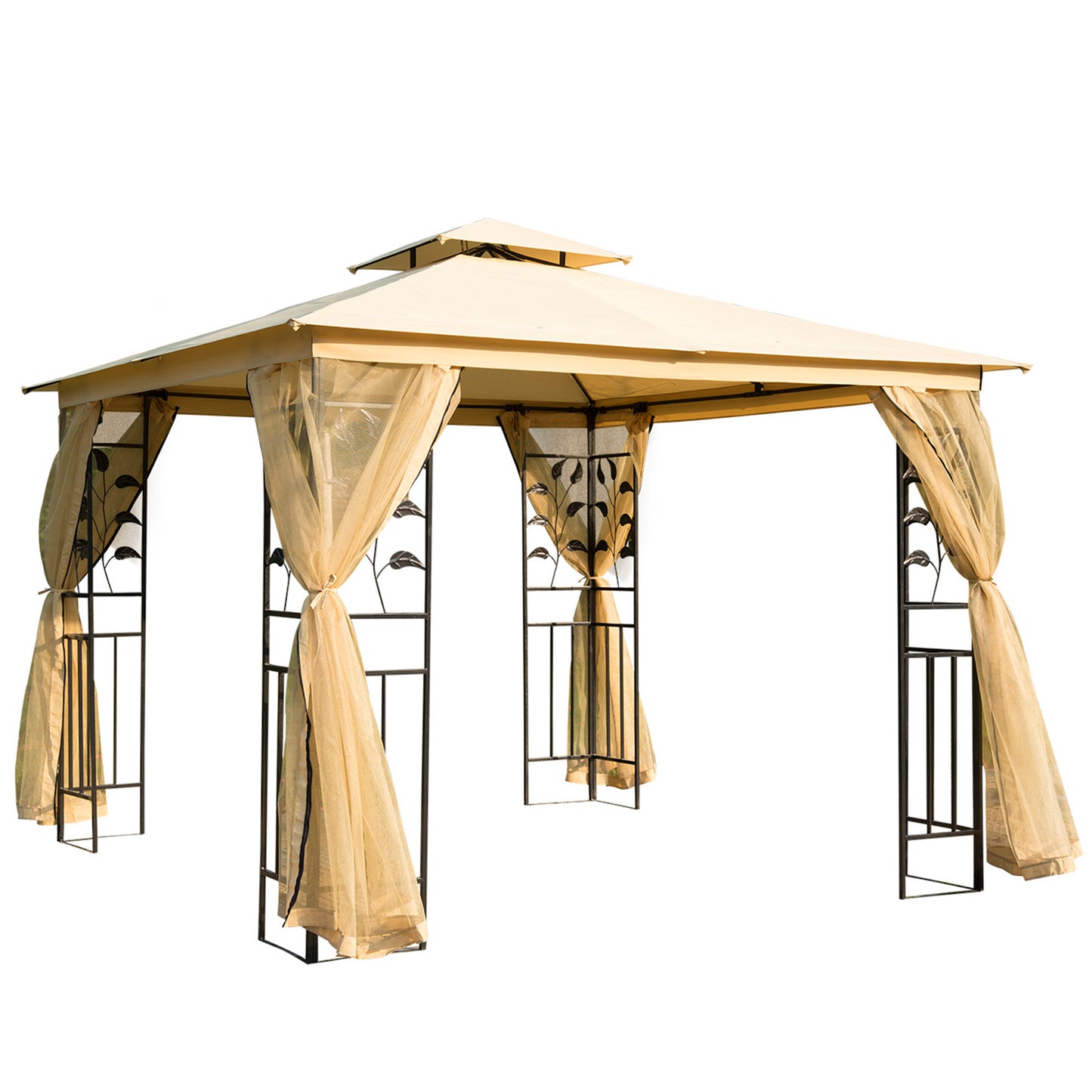 10'x10' Soft Steel Gazebo with Two-Tier Polyester Roof and Curtain Sidewalls, Beige